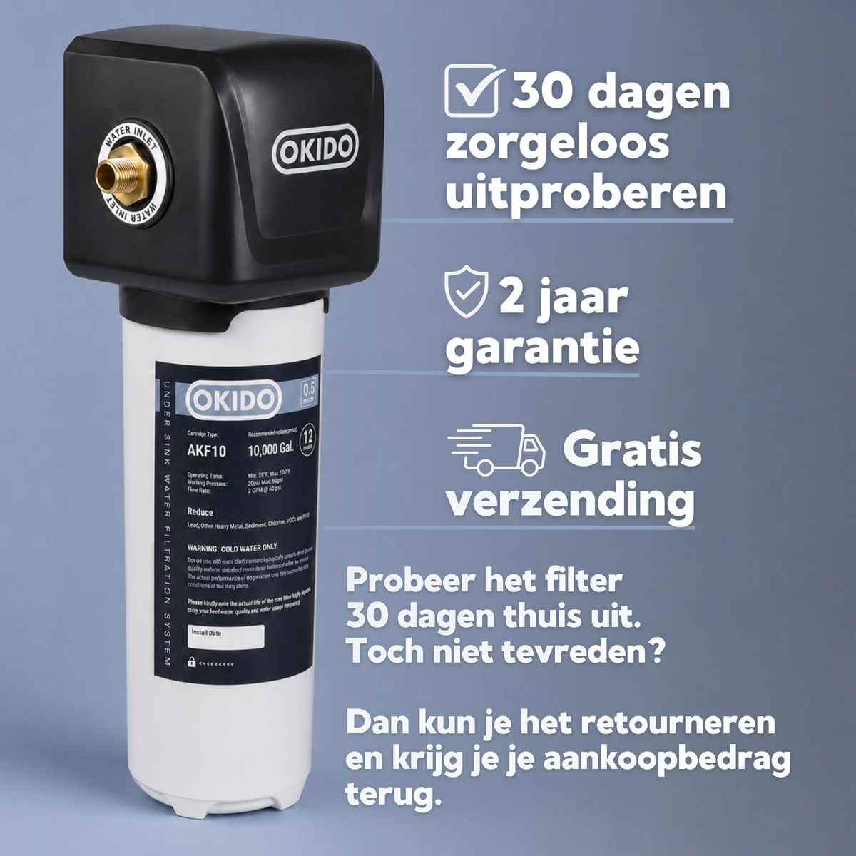 OKIDO AKF10 waterfilter met 30 dagen uitproberen, 2 jaar garantie en gratis verzending.