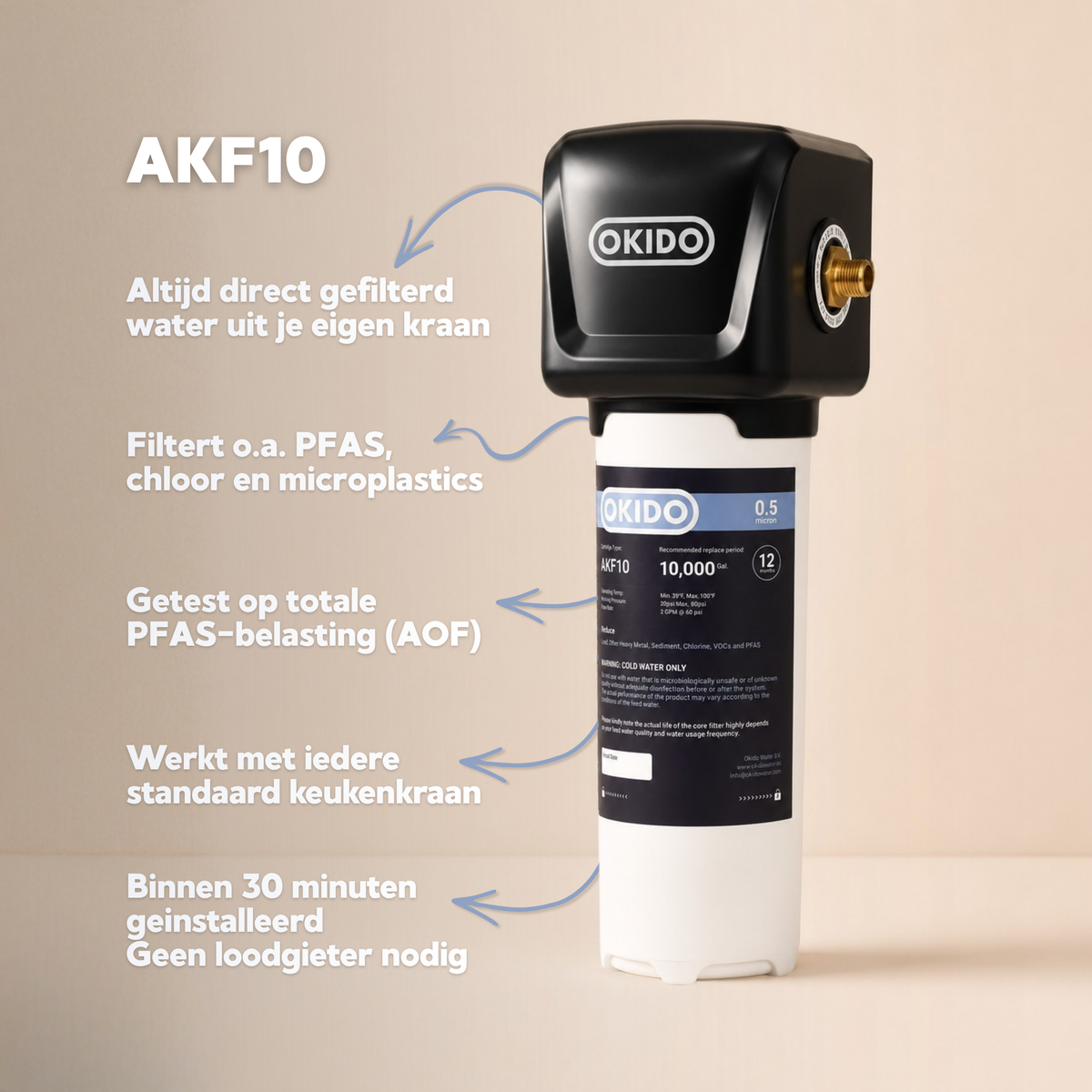 OKIDO AKF10 waterfilter met technische specificaties