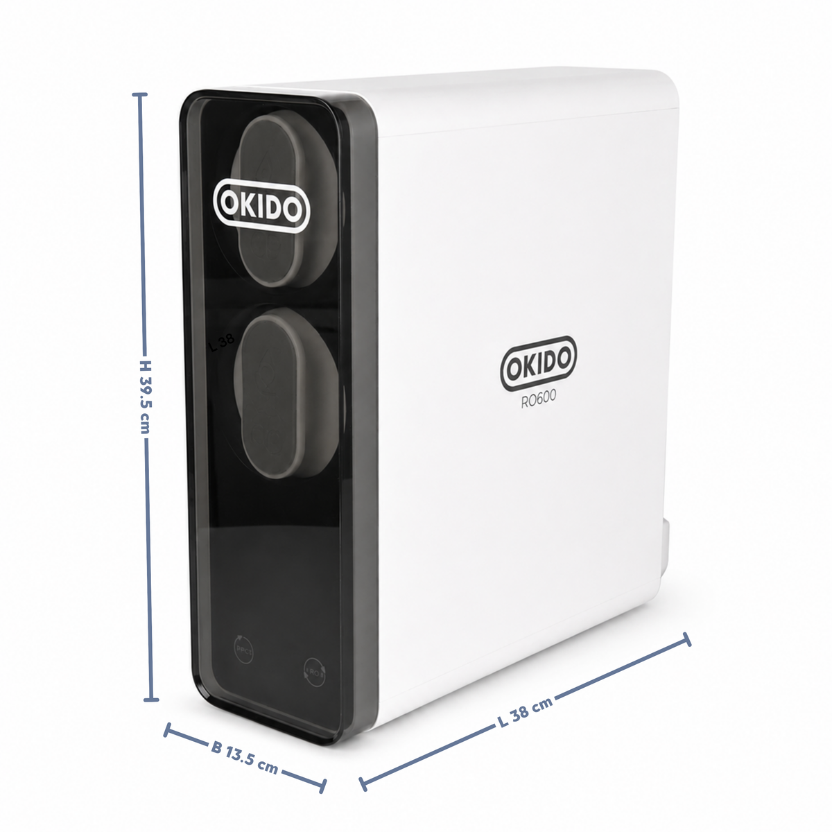 Afmetingen van de OKIDO RO600 waterfilter in centimeters